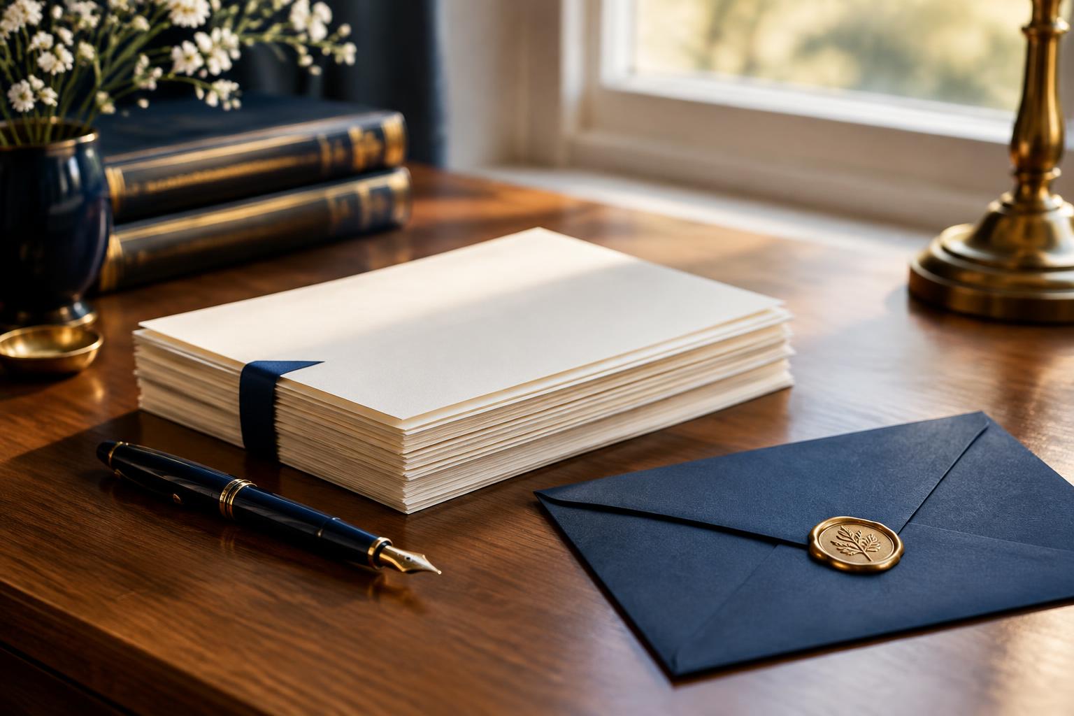 Neatly stacked letters and a navy envelope with a gold seal